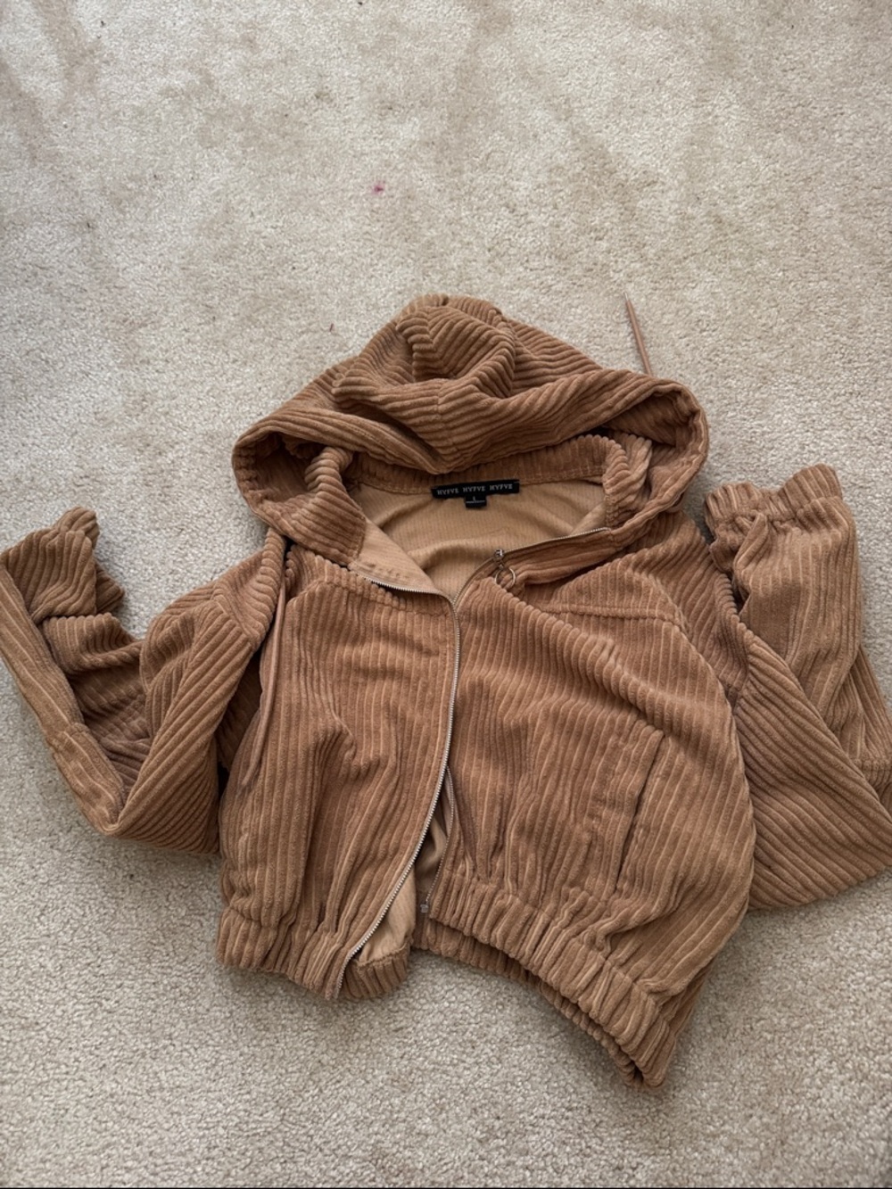 HYFVE Corduroy Hooded Bomber Jacket in Brown